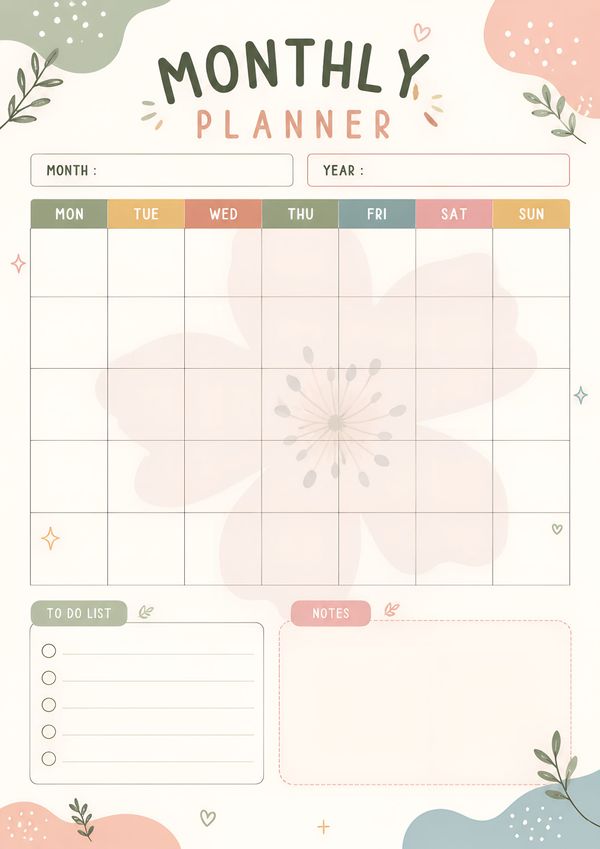 A clean monthly planner printable designed for organizing schedules, tasks, and monthly goals.