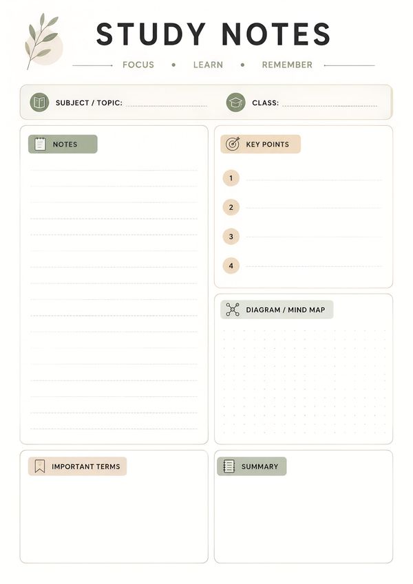 Printable study notes template with sections for subject, class, notes, key points, diagram or mind map, important terms, and summary.