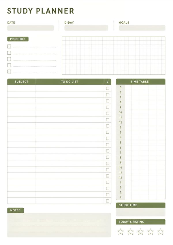 Printable study planner featuring priorities, study schedule, subject tracker, to-do list, notes, study time, and daily rating sections.