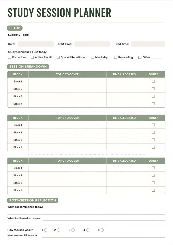 A printable study session planner designed to organize focused study blocks, track progress, and reflect after each session.