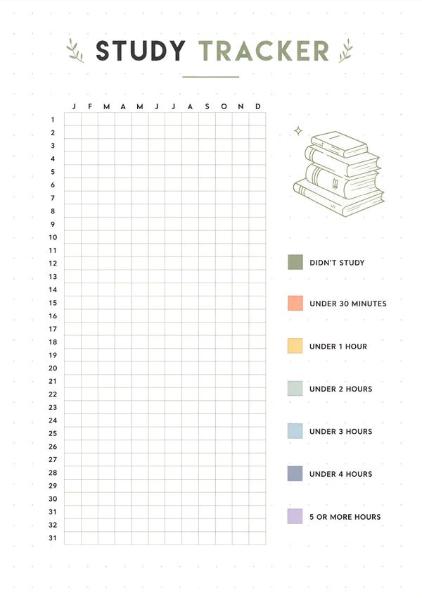 Printable yearly study tracker with monthly progress grid, color-coded study duration legend, and academic habit tracking layout.