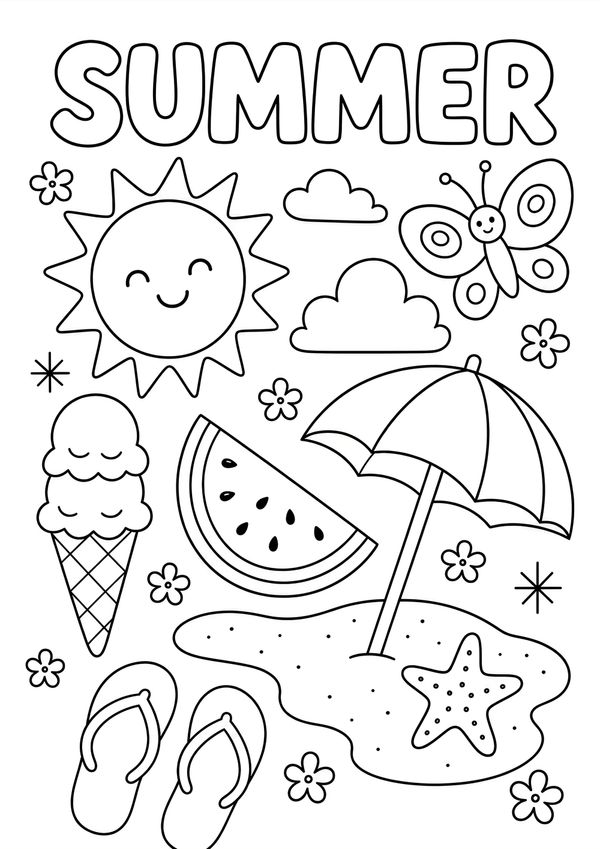 Cute summer coloring activity page printable with smiling sun, butterfly, watermelon, umbrella, beach, flip flops, flowers, and ice cream.