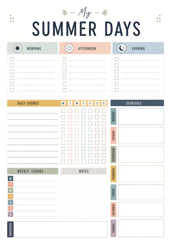 Printable summer daily planner with daily schedule, chores tracker, weekly planner, notes, and reminders.