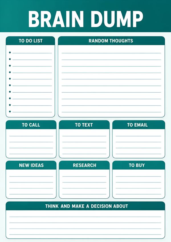 Printable ultimate brain dump planner featuring organized sections for ideas, tasks, notes, and priorities.