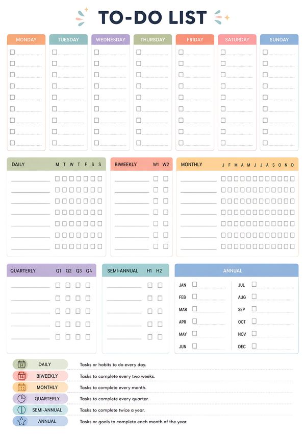 Printable productivity to-do list planner with daily, weekly, biweekly, monthly, quarterly, semi-annual, and annual task tracking sections.