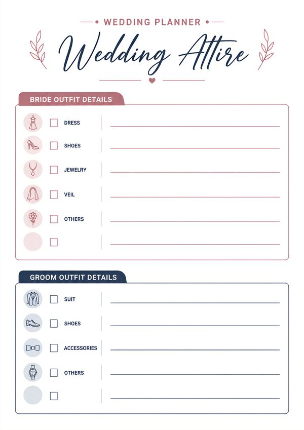 Printable wedding attire planning checklist featuring separate outfit sections for the bride and groom with checkboxes and notes for clothing, shoes, accessories, jewelry, and essentials.