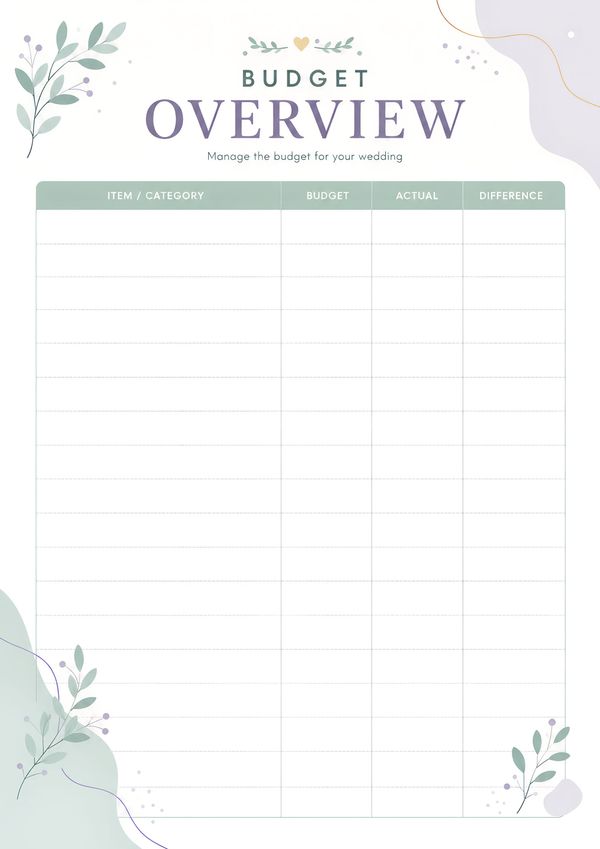 Elegant wedding budget overview printable featuring budget, actual expenses, and spending difference columns for organized wedding financial planning.