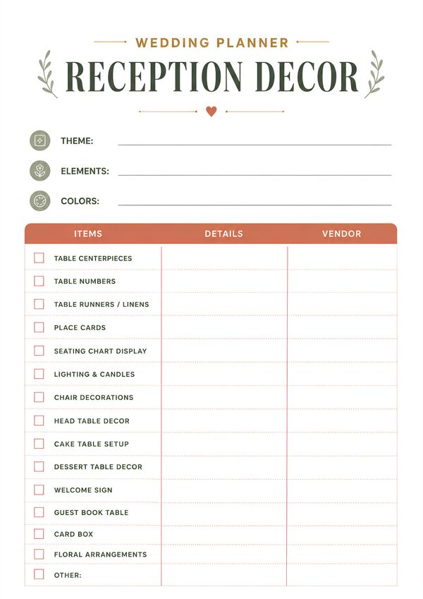 Printable wedding reception decor planner with decoration checklist, theme, colors, vendor information, and reception styling organizer.