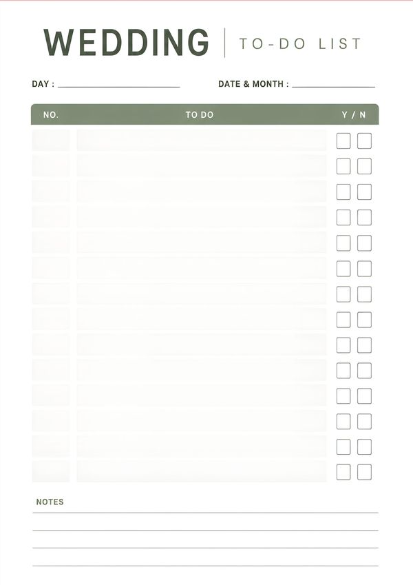 Printable wedding to do list with task tracker, completion checkboxes, date section, and notes.