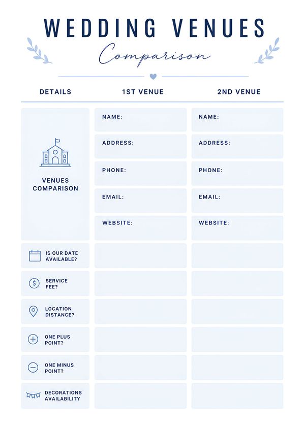 Printable wedding venue comparison worksheet for evaluating two venues, including pricing, availability, location, contact details, and amenities.