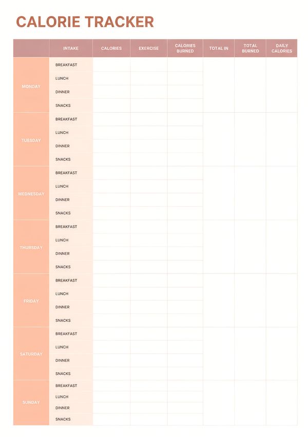 Printable weekly calorie tracker featuring meal intake, calories consumed, exercise, calories burned, and daily calorie balance for every day of the week.