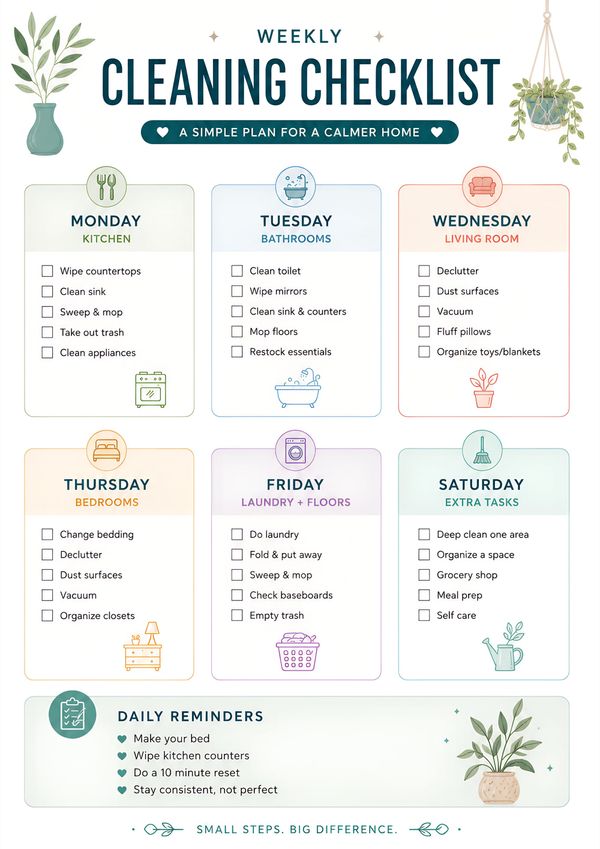 Printable weekly cleaning checklist with room-by-room household tasks, daily reminders, and an organized home maintenance schedule.