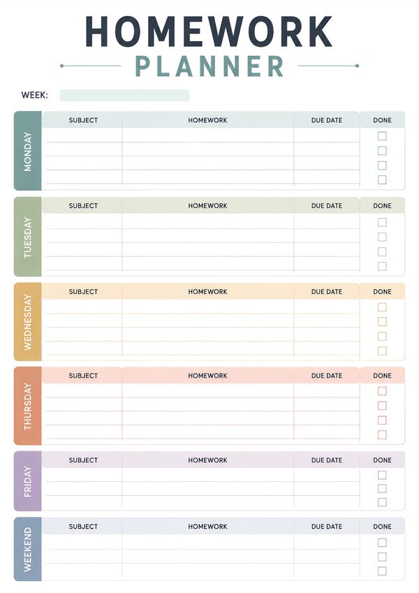 Printable weekly homework planner with subject, homework, due date, and completion tracker for each school day.