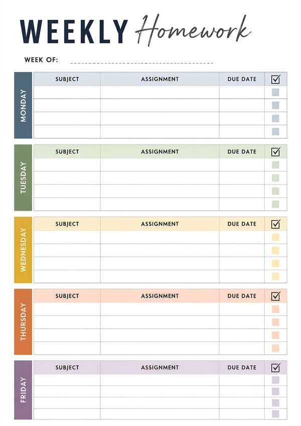 Printable weekly homework planner featuring daily subject sections, assignment tracker, due dates, and completion checkboxes for Monday through Friday.