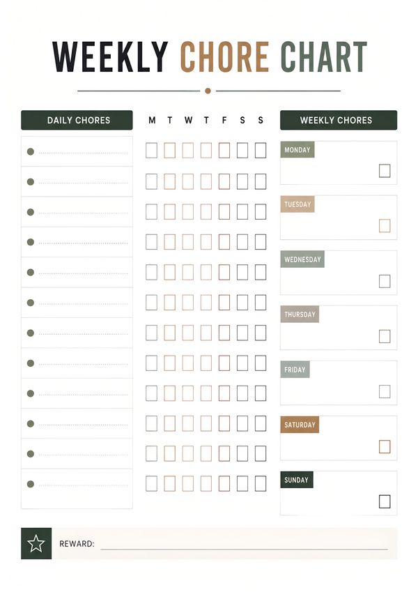 Printable weekly household chore chart featuring daily chore tracking, weekly task boxes, weekday checklist, and a reward section for home organization.