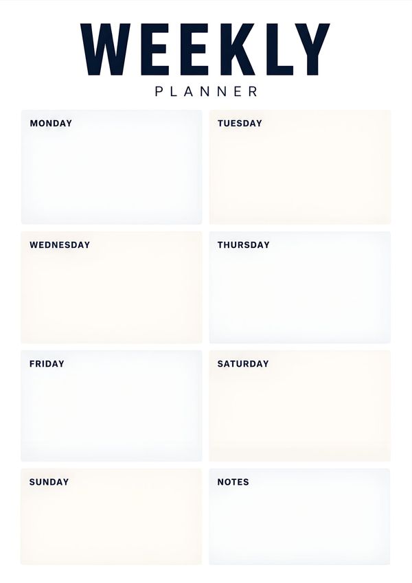 Printable weekly planner template with dedicated sections for Monday through Sunday and an extra notes area for weekly organization.