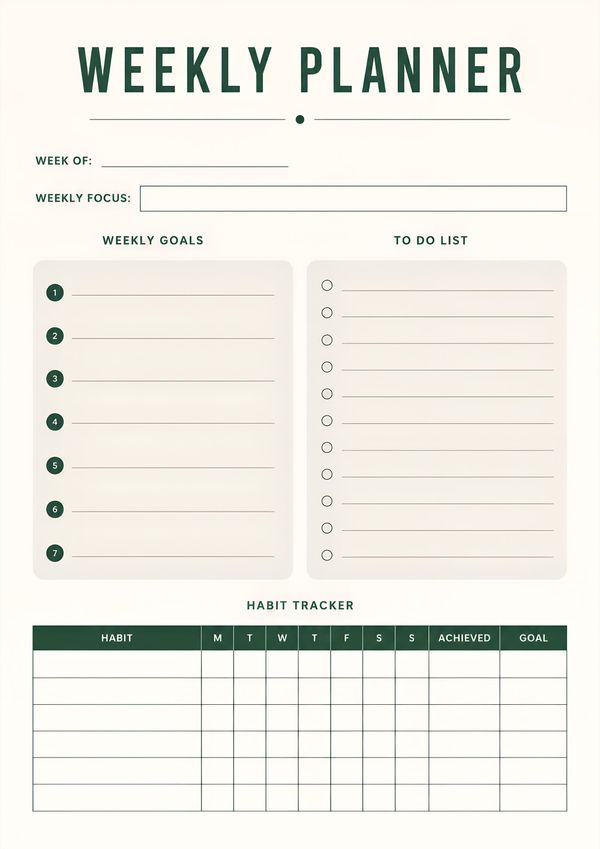 Printable weekly productivity organizer with weekly goals, to-do list, weekly focus section, and habit tracker for planning productive weeks.