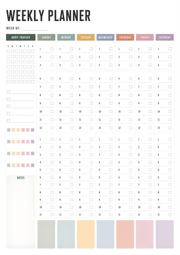 Printable weekly progress tracking sheet with habit tracker, daily schedules, priorities, and notes.