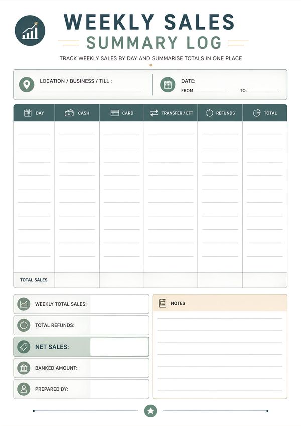 A printable weekly sales summary log with sections for daily sales, cash, card, transfers, refunds, total sales, and business notes.