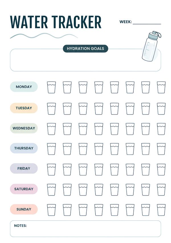 A printable weekly water tracker with hydration goals, daily water intake glasses for each day of the week, and a notes section.