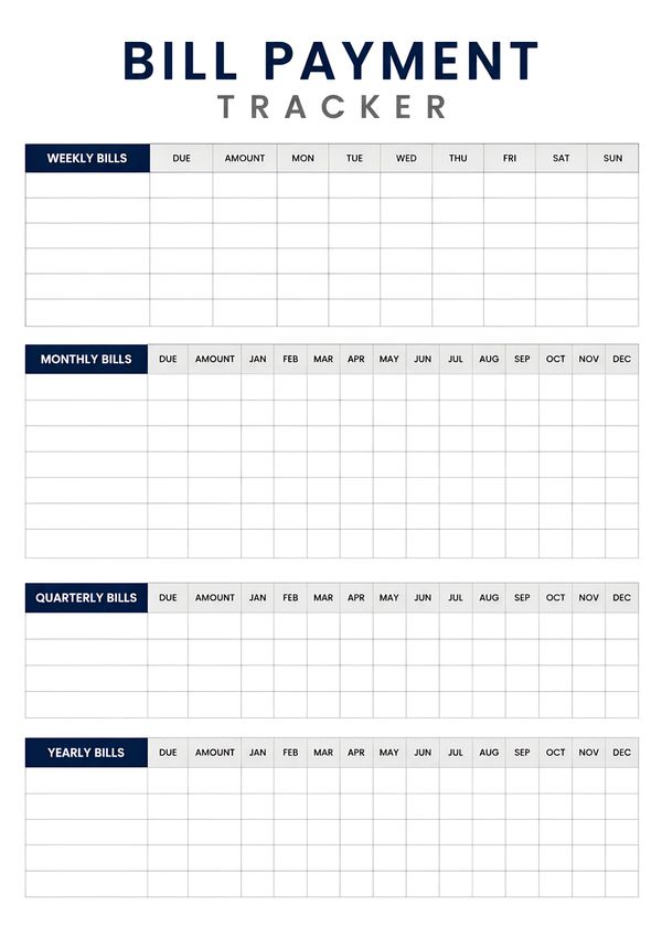 Printable bill payment tracker for managing weekly, monthly, quarterly, and yearly bills in one organized sheet.