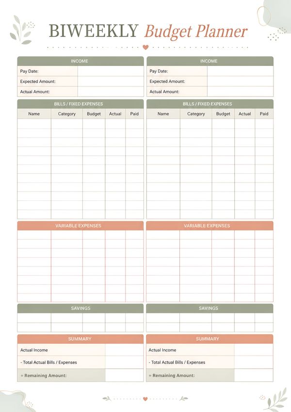 Printable biweekly budget planner featuring income, bills, expenses, savings, and budget summary for each pay period.
