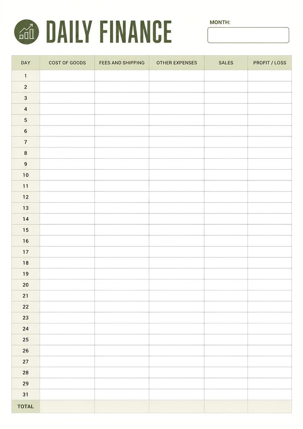 Printable daily business finance tracker featuring sales, cost of goods, shipping fees, operating expenses, profit and loss, and monthly summary.
