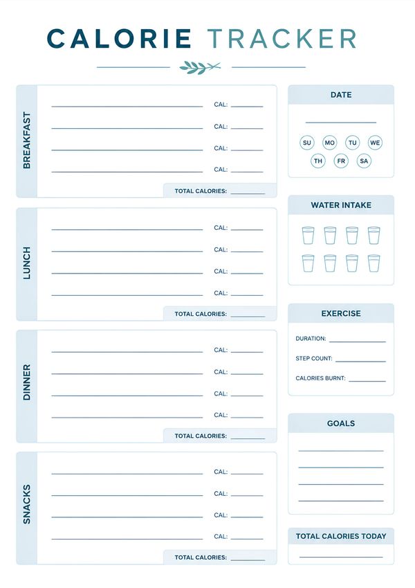 Printable daily calorie tracker featuring meal sections for breakfast, lunch, dinner, snacks, water intake, exercise log, goals, and total daily calories.