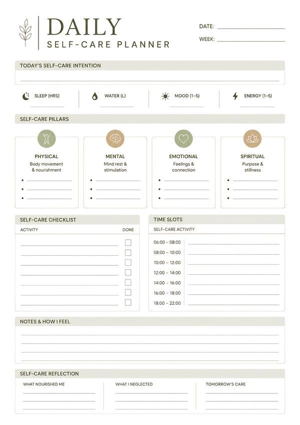 Printable daily self-care planner with wellness checklist, self-care activities, reflection prompts, and daily routine tracker.