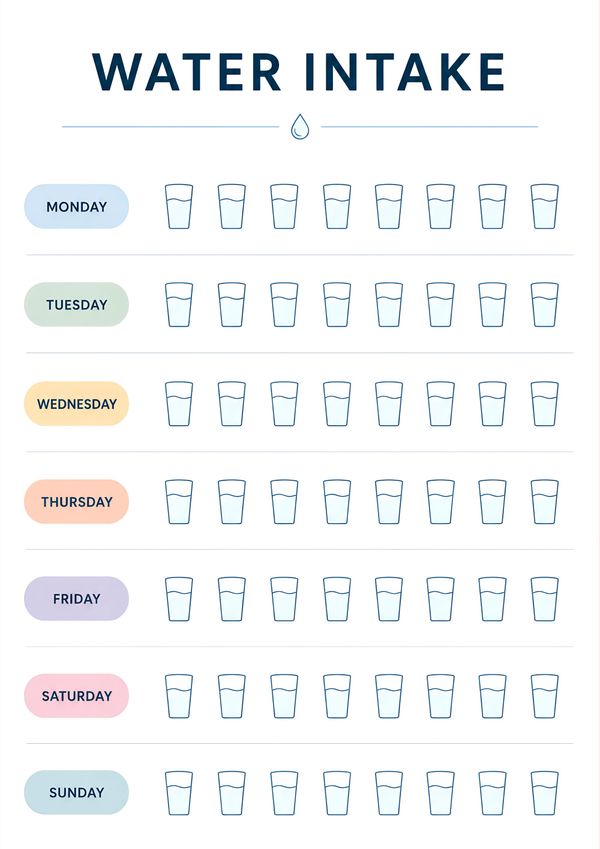 Printable daily water consumption tracker with weekly hydration checklist and water intake log.