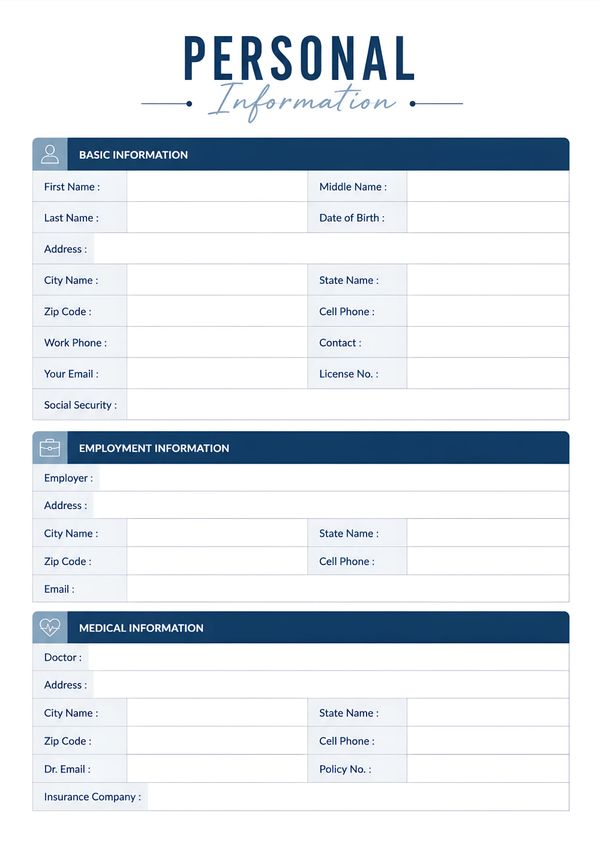 Printable detailed client profile form with personal, employment, and medical information sections.