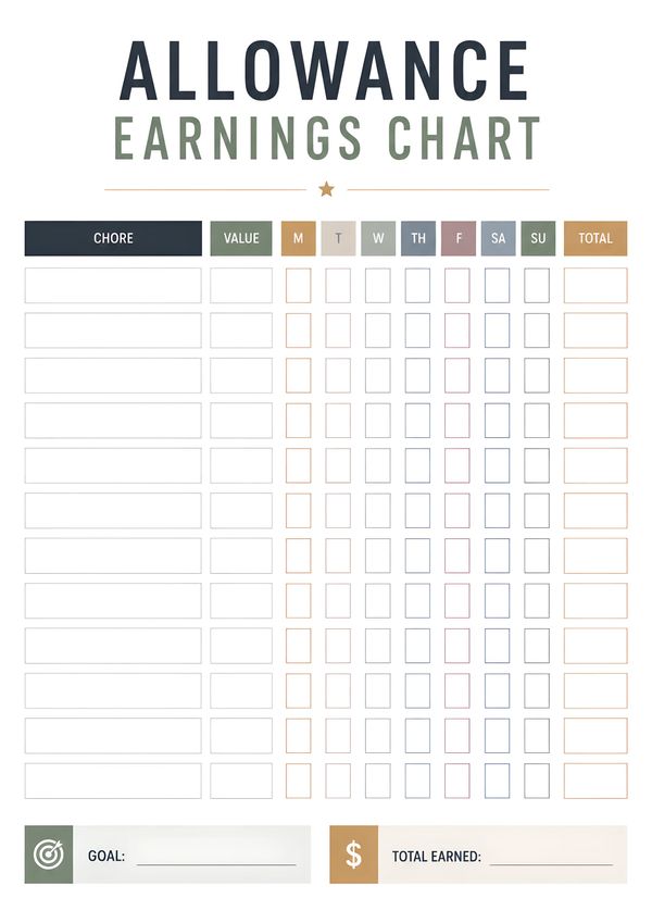 Printable kids allowance earnings chart featuring chore tracking, daily completion boxes, weekly totals, savings goals, and total earned for positive habit building.