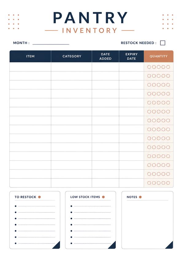 Kitchen pantry inventory planner printable featuring stock tracking, expiry dates, quantity circles, restock checklist, and notes.