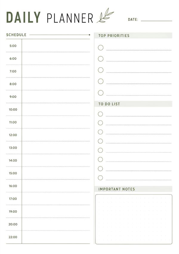 Printable daily schedule planner featuring an hourly timetable, top priorities, to-do checklist, and notes section for daily organization.
