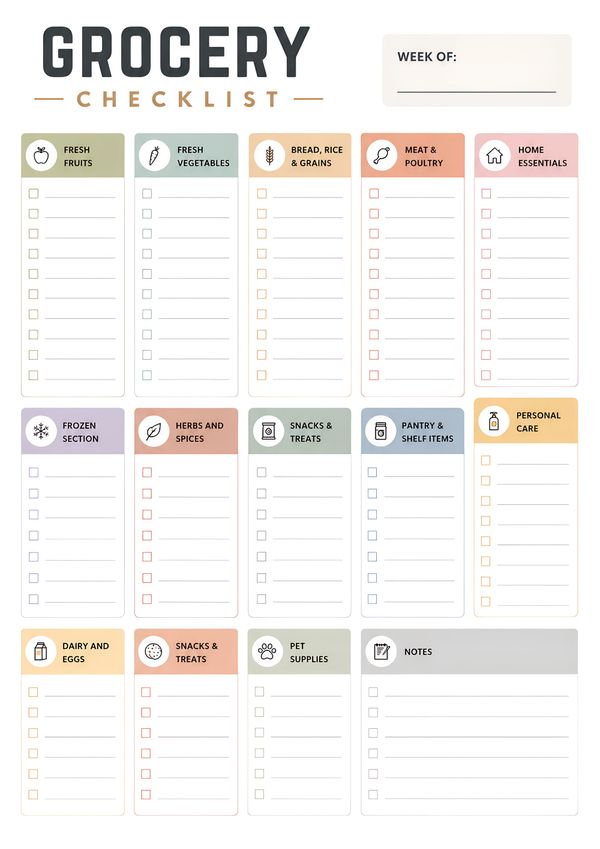 Minimal printable grocery shopping checklist featuring categorized sections for fruits, vegetables, pantry items, frozen foods, household essentials, and shopping notes.