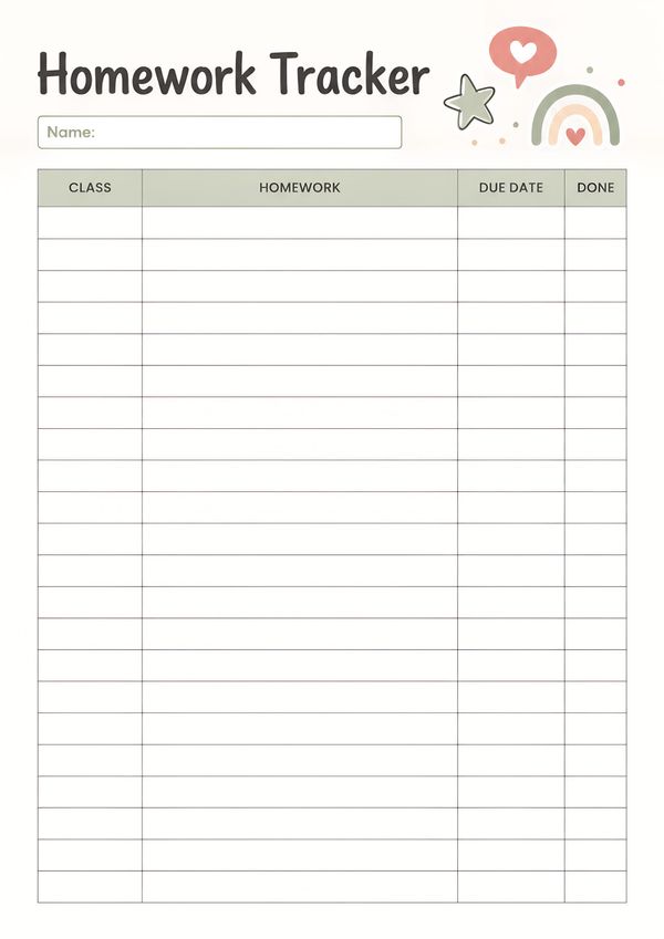 Pastel homework assignment tracker printable featuring columns for class, homework, due date, and completion status with a clean student-friendly layout.