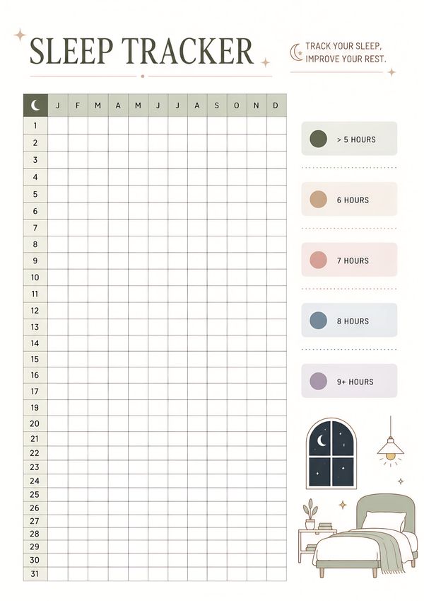Printable annual sleep tracker with monthly grid, daily sleep log, color-coded sleep hour legend, and yearly sleep habit monitoring.