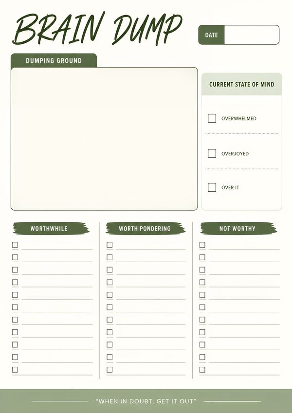 Minimal brain dump productivity planner featuring thought organization, priority lists, mindset tracker, and decision-making worksheet.