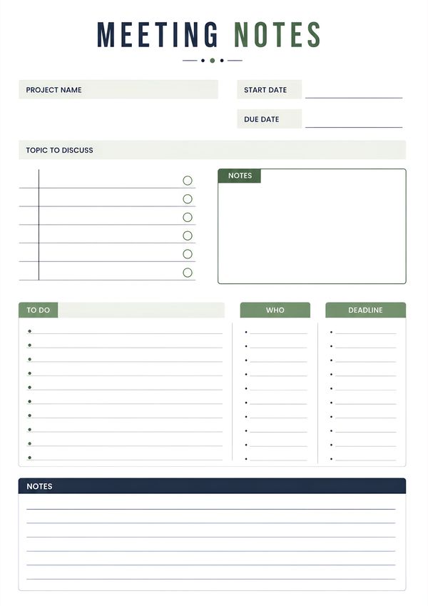 Minimal printable business meeting notes planner featuring project information, discussion checklist, action items, deadlines, responsibilities, and meeting notes.