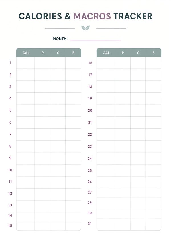 Minimal monthly calories and macros tracker featuring daily calorie, protein, carbohydrate, and fat logging for nutrition planning.