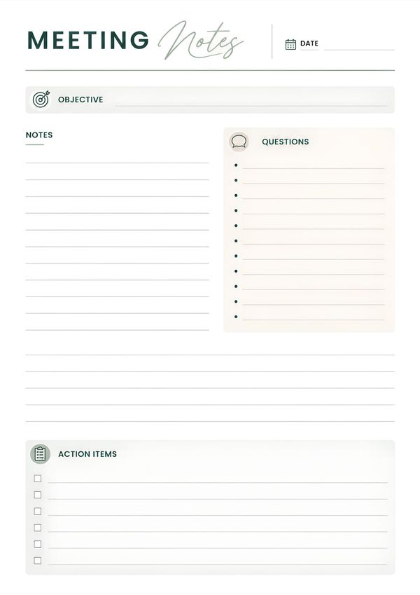 Minimal printable meeting notes checklist featuring objective, discussion notes, questions, action items, and meeting date.