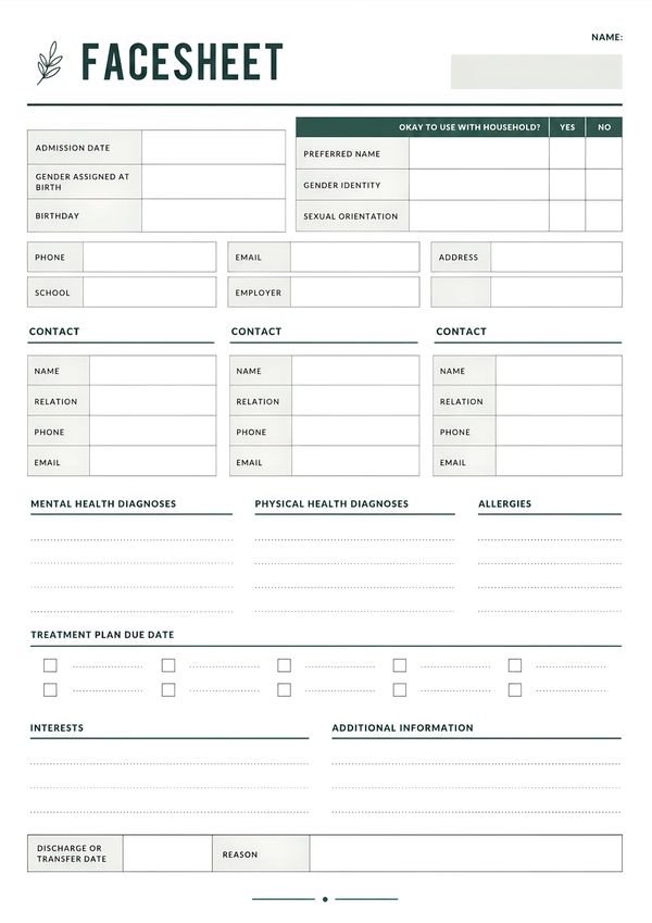 Professional client information facesheet template featuring personal details, contacts, health records, treatment plan, and additional information sections.