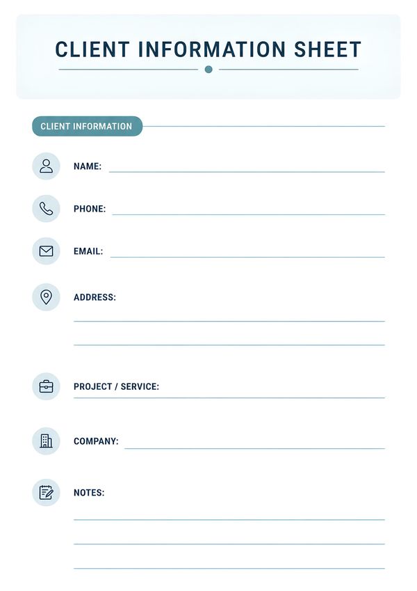 Minimal client information summary sheet featuring contact details, company information, project or service fields, and notes section.
