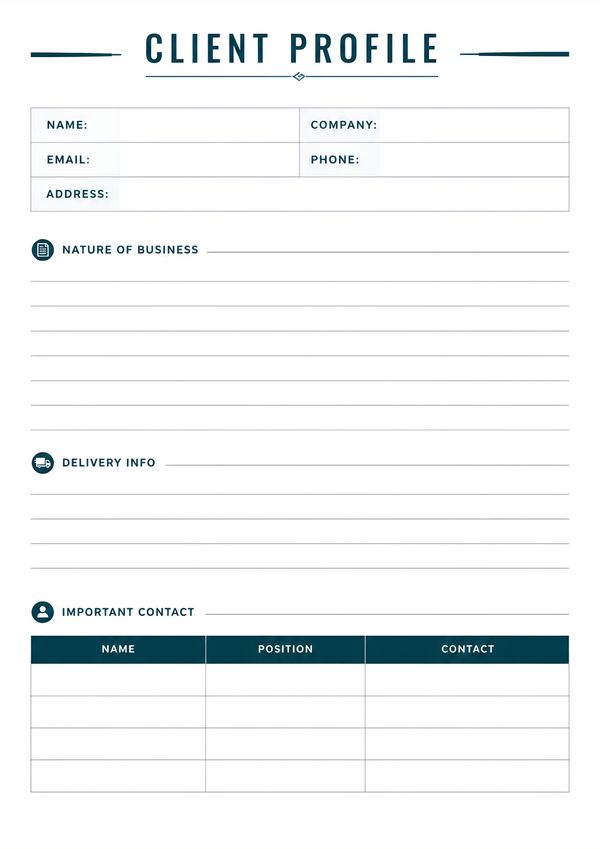 Professional printable client profile information sheet with business details, delivery notes, and contact records.