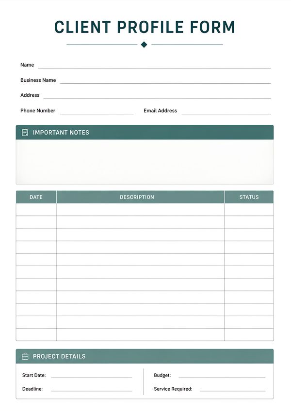 Professional client profile registration form featuring contact details, project tracking table, important notes, budget, deadlines, and service information.