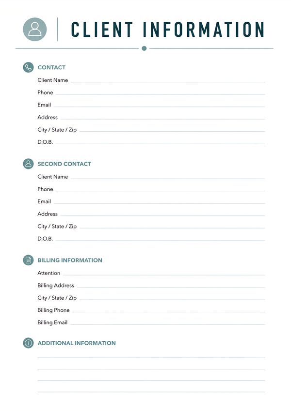Professional client information form featuring contact details, secondary contact, billing information, and additional notes for organized client management.