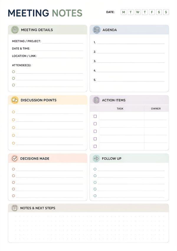 Comprehensive meeting notes printable featuring meeting details, agenda, discussion points, action items, follow-up tasks, decisions, and notes section.