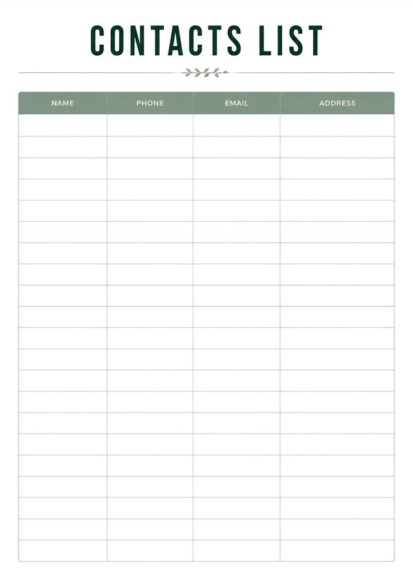Minimal printable contacts list organizer with name, phone, email, and address sections.