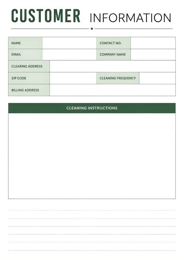 Customer information profile sheet with fields for client details, billing information, cleaning frequency, service instructions, and notes.
