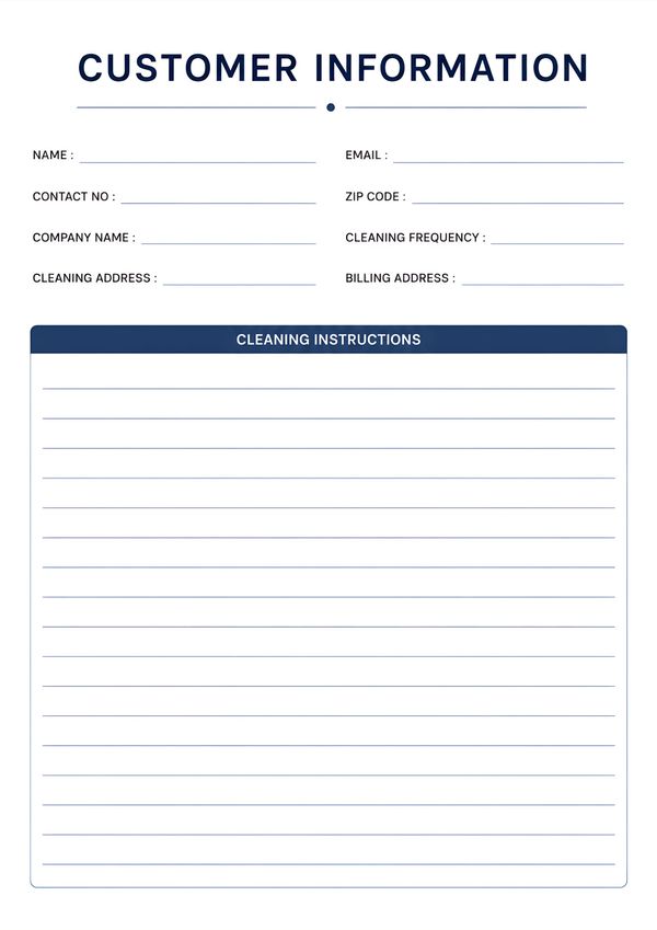 Customer information record form with client details, contact information, billing address, cleaning schedule, and service instruction section.